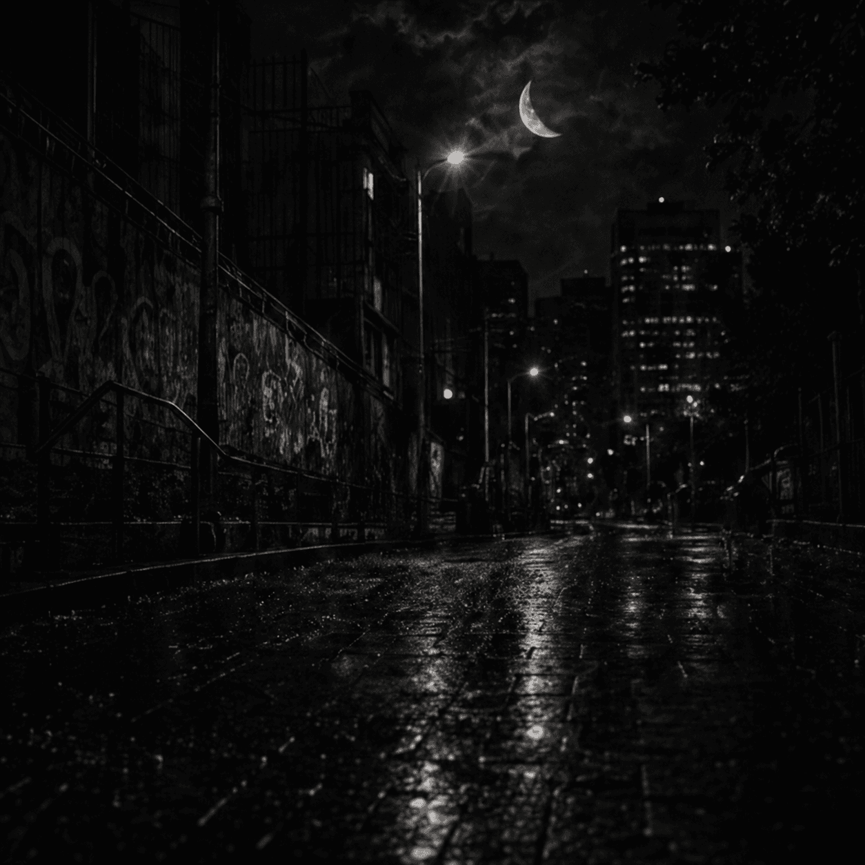 A rain-dark street after midnight