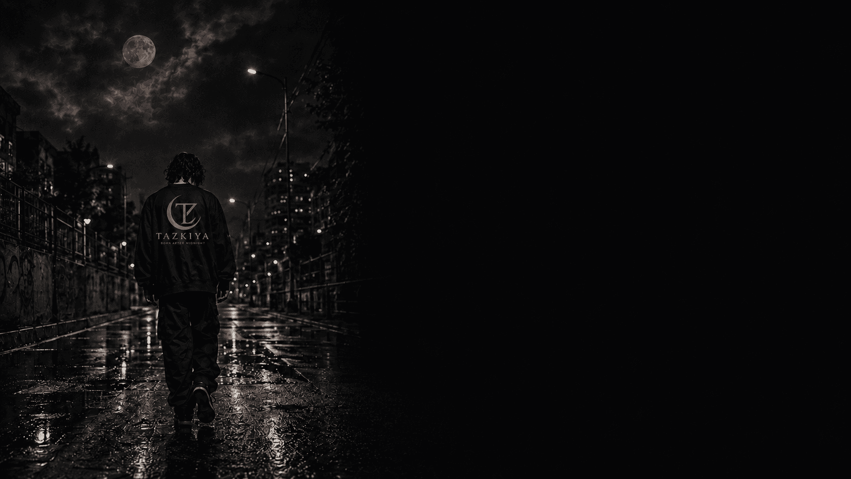 TAZKIYA jacket on a rain-lit street after midnight
