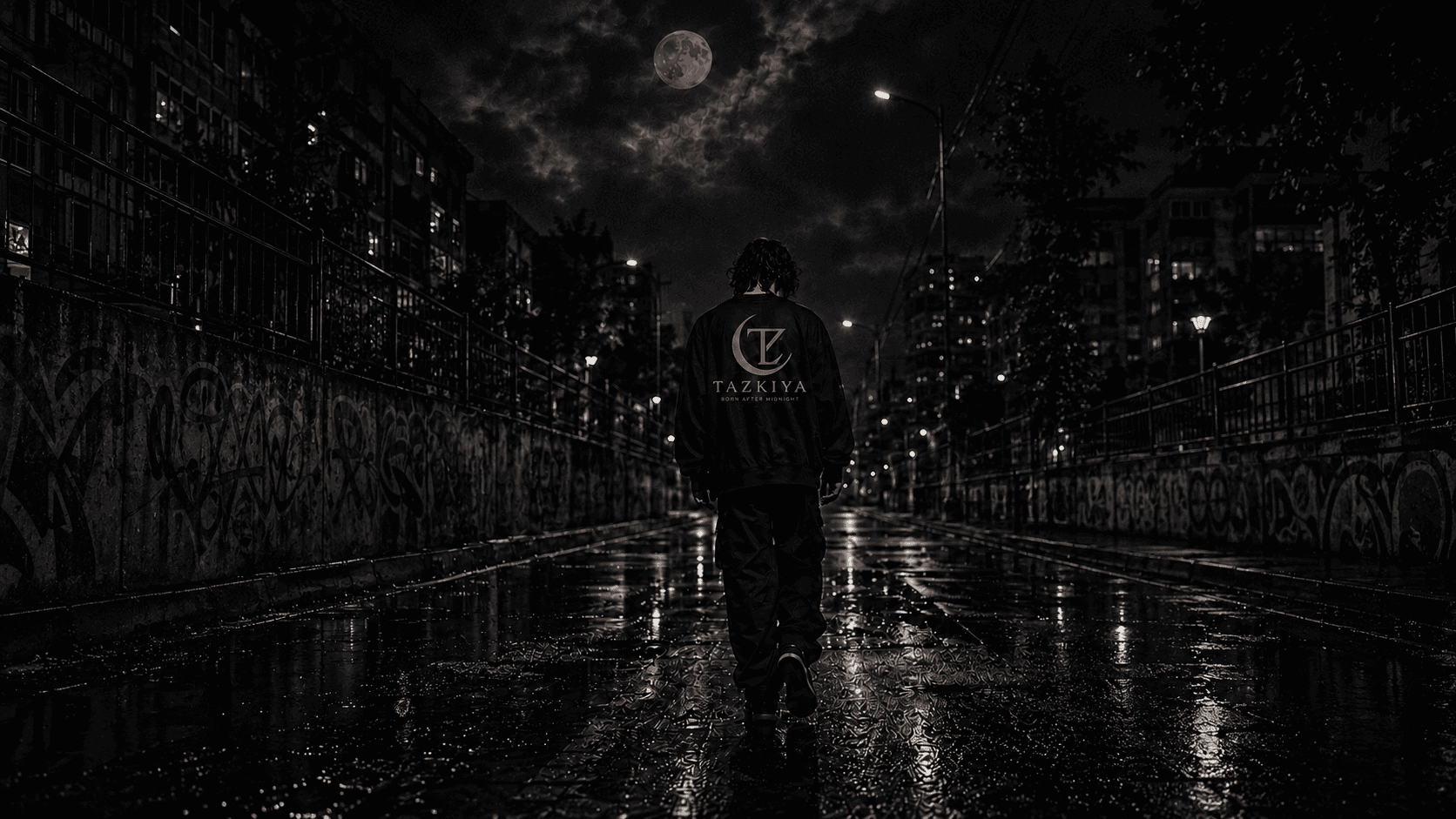 TAZKIYA jacket on a rain-lit street after midnight